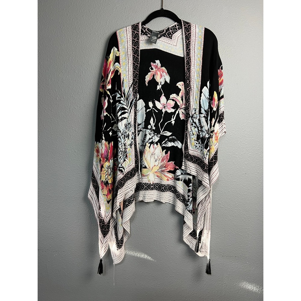 Vince Camuto Black Floral Kimono Wrap Tassel Trim OS Rayon Open Front Cardigan
